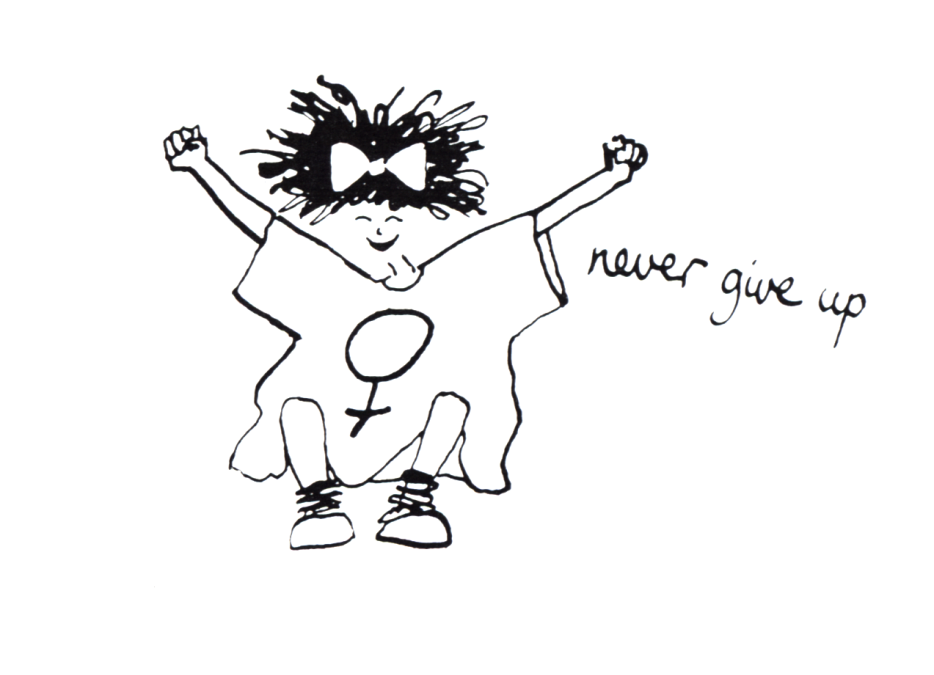 cartoon of woman jumping with text beside saying 'never give up'
