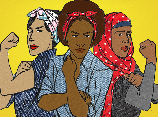 Three women of colour in Rosie the Riviter pose