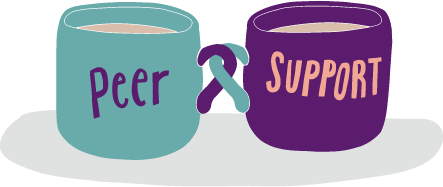Two cups of tea linked with the word 'peer' on one and 'support' on the other