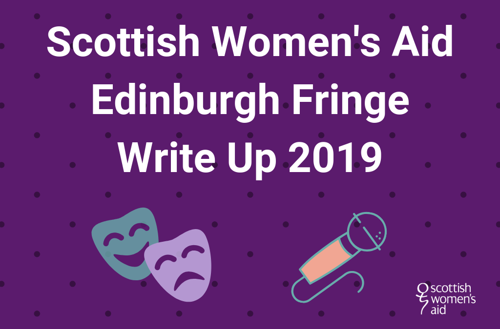 Graphic that reads Scottish Women's Aid Edinburgh Fringe Write Up 2019 with images of theatre masks and a microphone