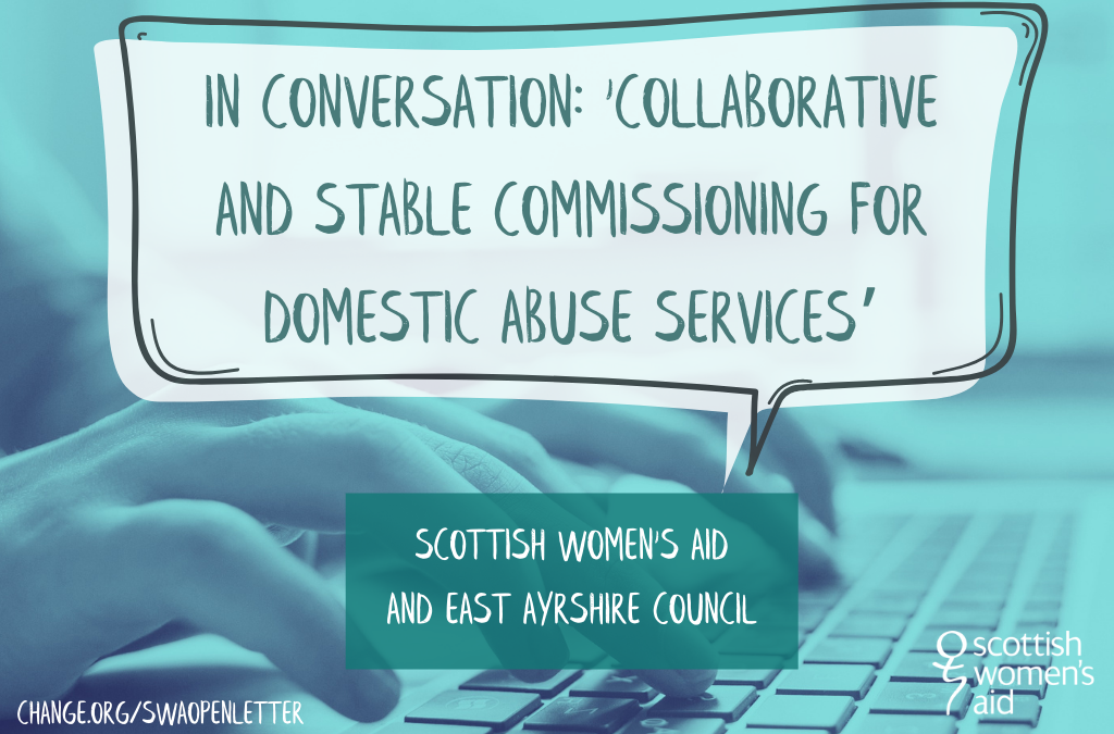 Title of a blog post in blue text on a white speech bubble, with the organisations in white text on a blue box underneath. The background is a blue image of a woman typing on a laptop.