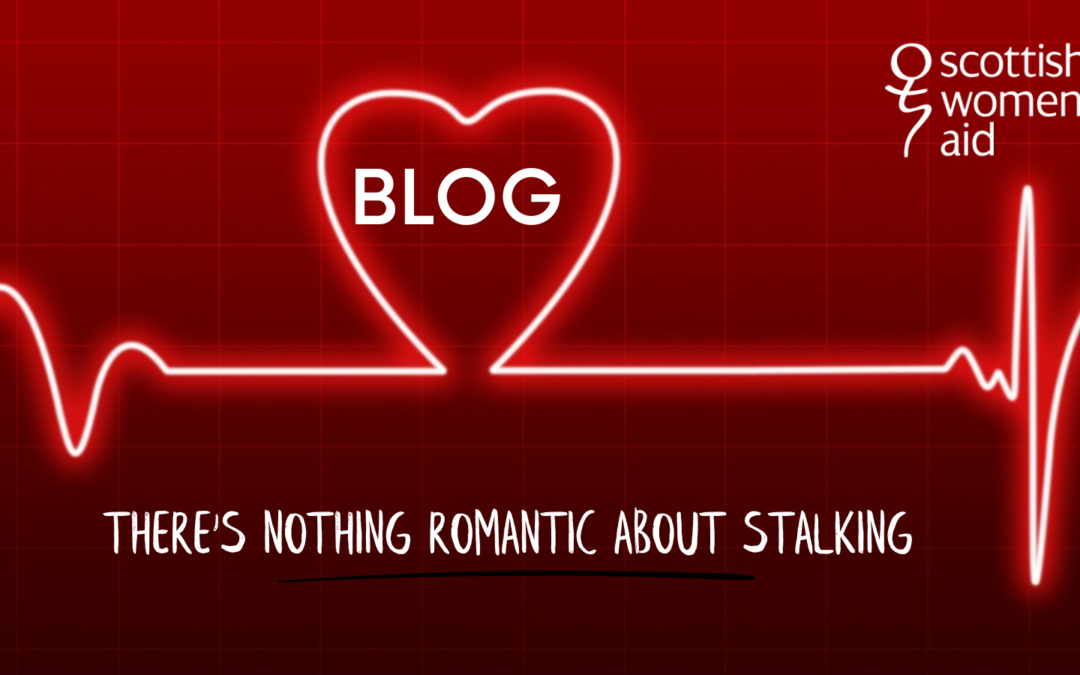 Red slide with a heart monitor line across the screen that turns into a heart shape. Inside the heart it says 'blog'. Underneath the line it says 'There's nothing romantic about stalking.'